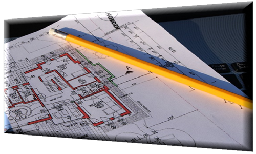 Plans, pencil and laptop computer